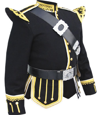 Black Wool Pipe Band Doublet (Black Melton Wool with Gold Scroll Trim)